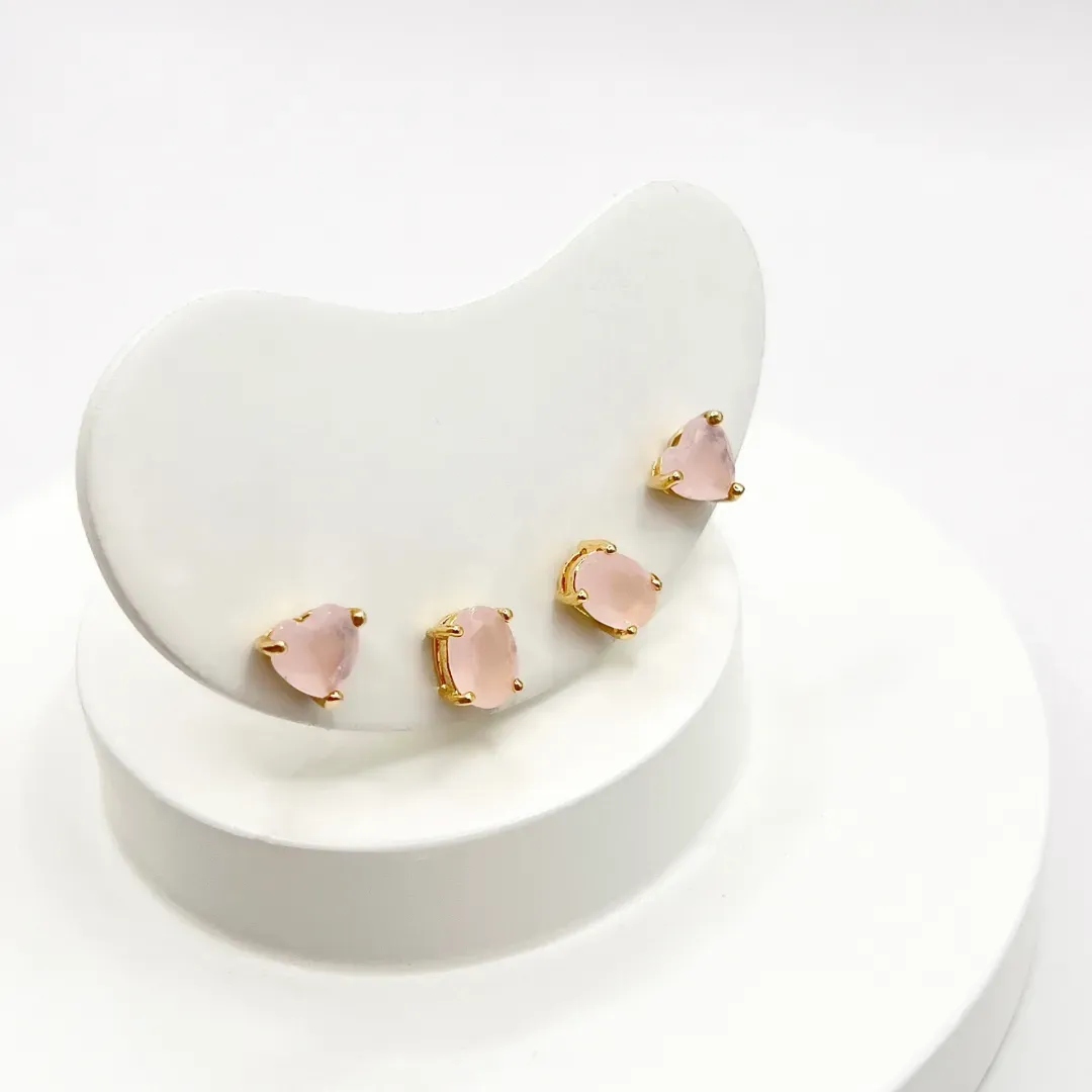 DUPLA DE BRINCOS CORAÇÃO E OVAL ROSA QUARTZO