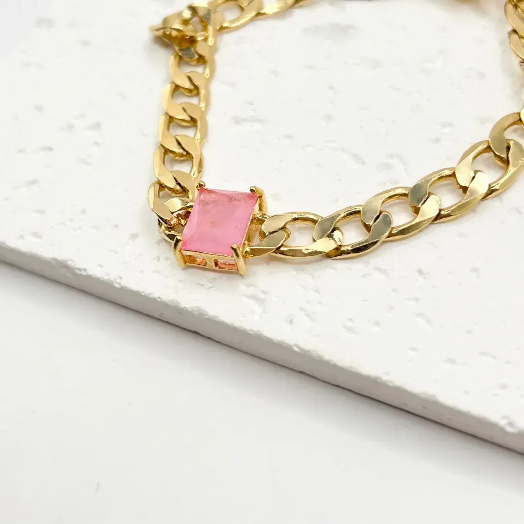 PULSEIRA ELO GRUMET COM PEDRA QUADRADA ROSA FUSION