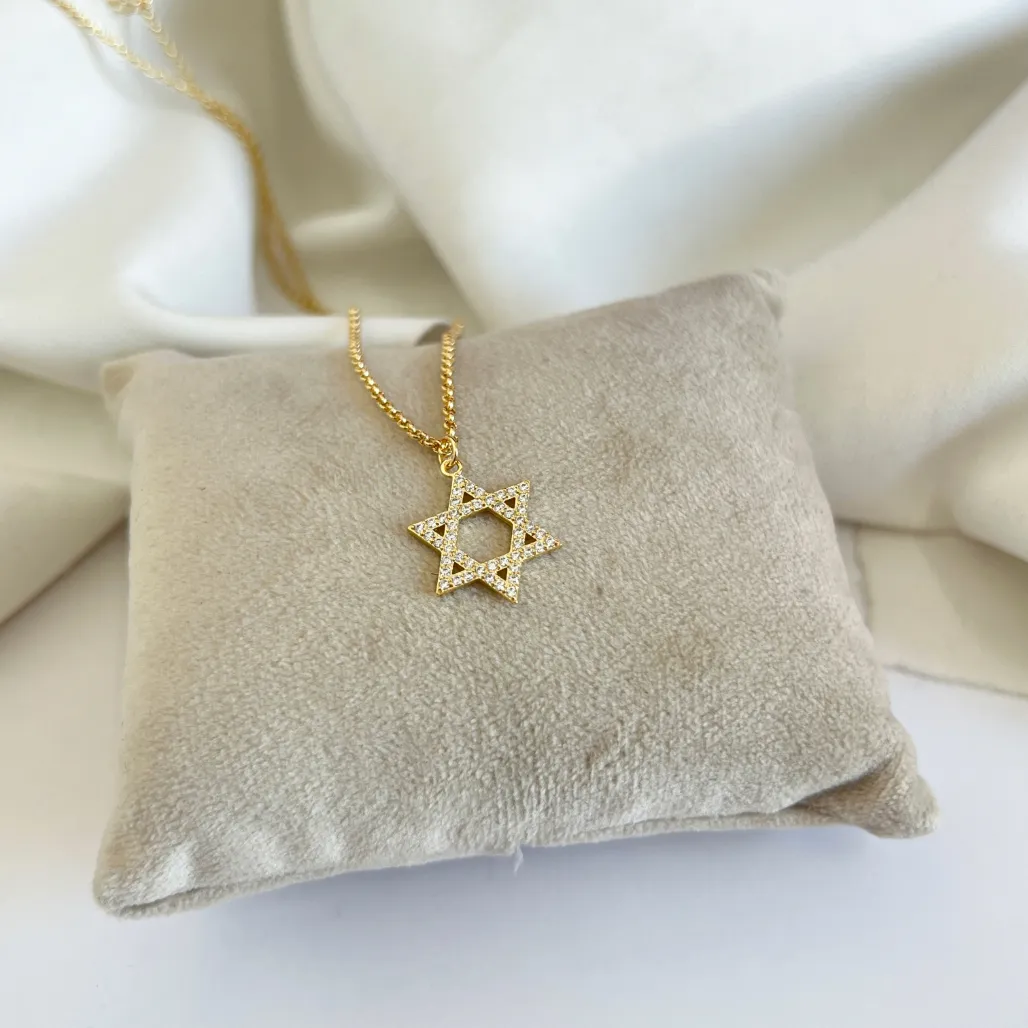 COLAR MINI ELO PORTUGUÊS COM ESTRELA DE DAVI CRAVEJADA 45CM +5CM EXTENSOR
