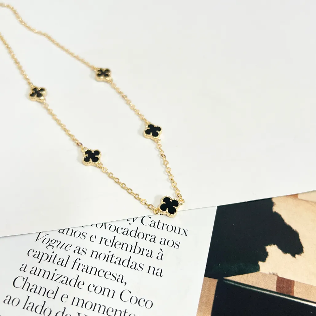 COLAR CHOKER 5 MINI TREVOS PRETO - VAN CLEFF 35CM+10CM EXTENDOR