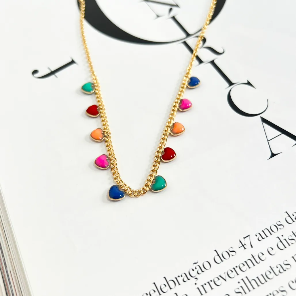COLAR CHOKER CORAÇÃO RESINADOS COLORIDOS