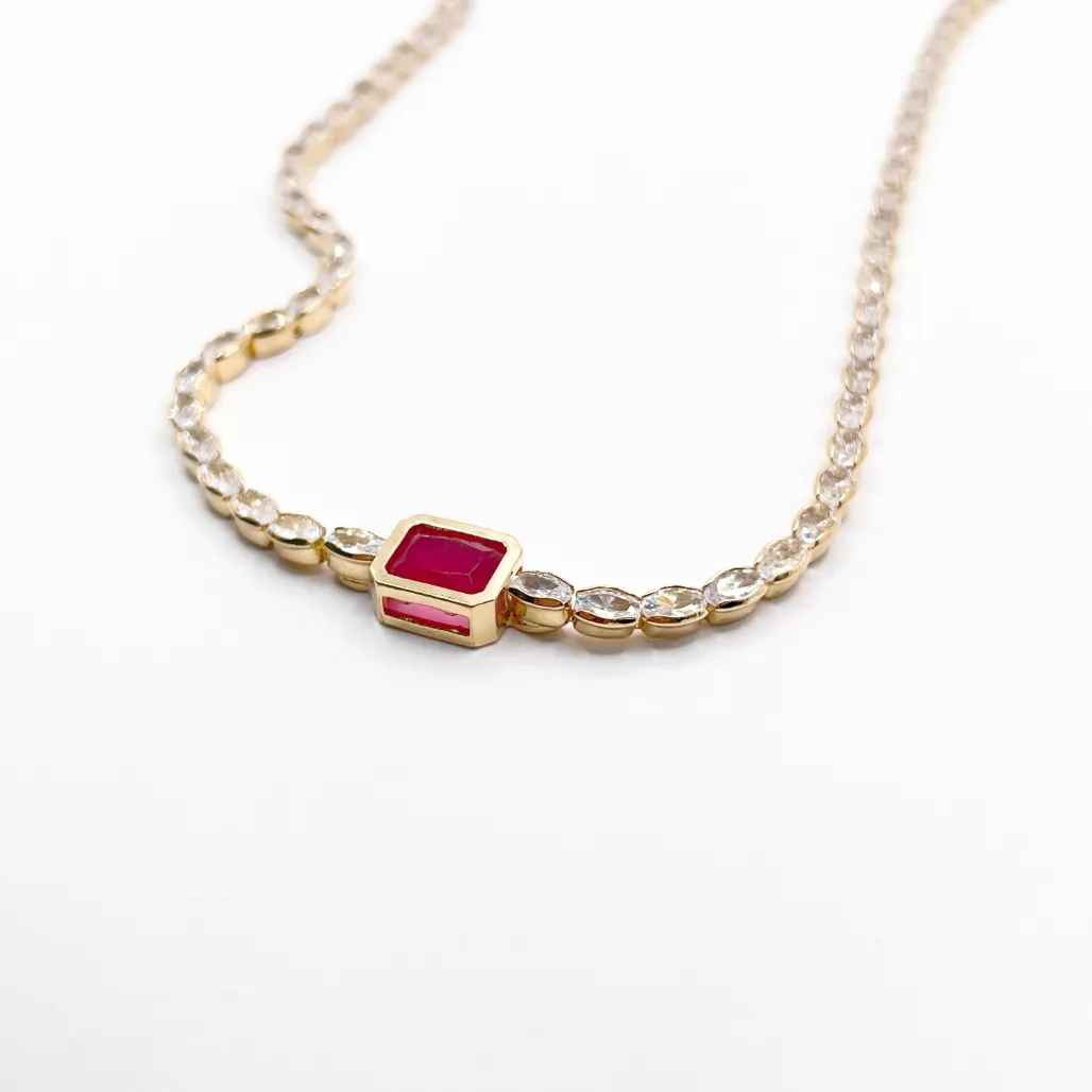 COLAR CHOKER PEDRARIAS NAVETES E PINGENTE QUADRADO RUBI 40CM +5CM EXTENSOR