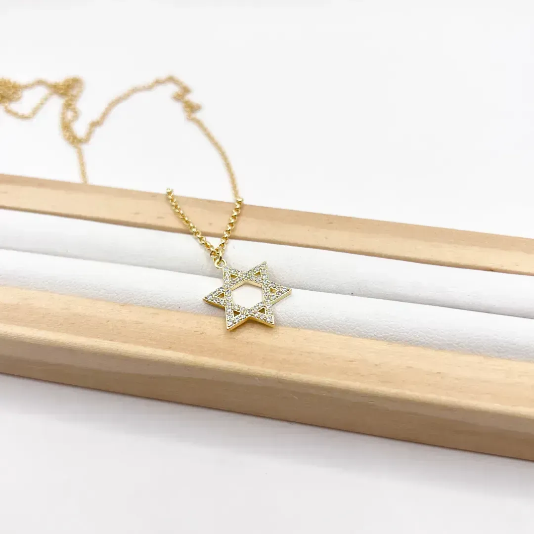 COLAR MINI ELO PORTUGUÊS COM ESTRELA DE DAVI CRAVEJADA 45CM +5CM EXTENSOR