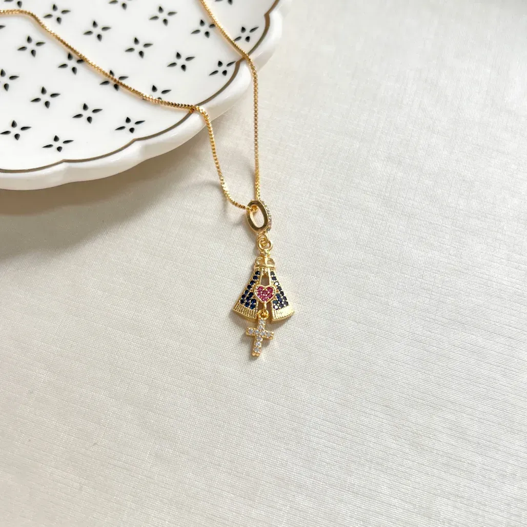 COLAR NOSSA SENHORA DE APARECIDA COM CORAÇÃO E CRUZ