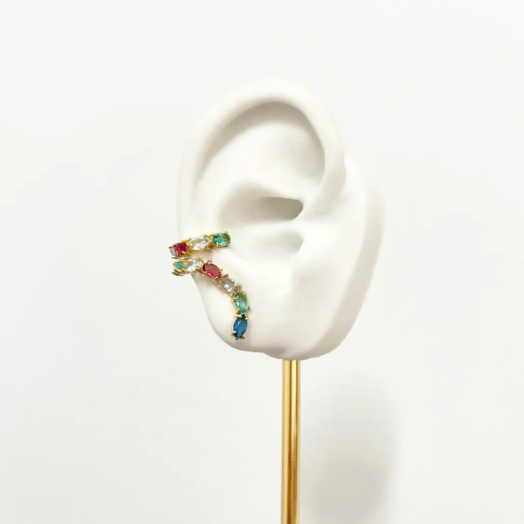 BRINCO EAR CUFF COM PIERCING PEDRAS COLORIDAS