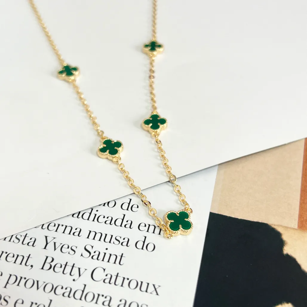 COLAR CHOKER 5 MINI TREVOS VERDE ESMERALDA - VAN CLEFF 35CM+10CM EXTENDOR