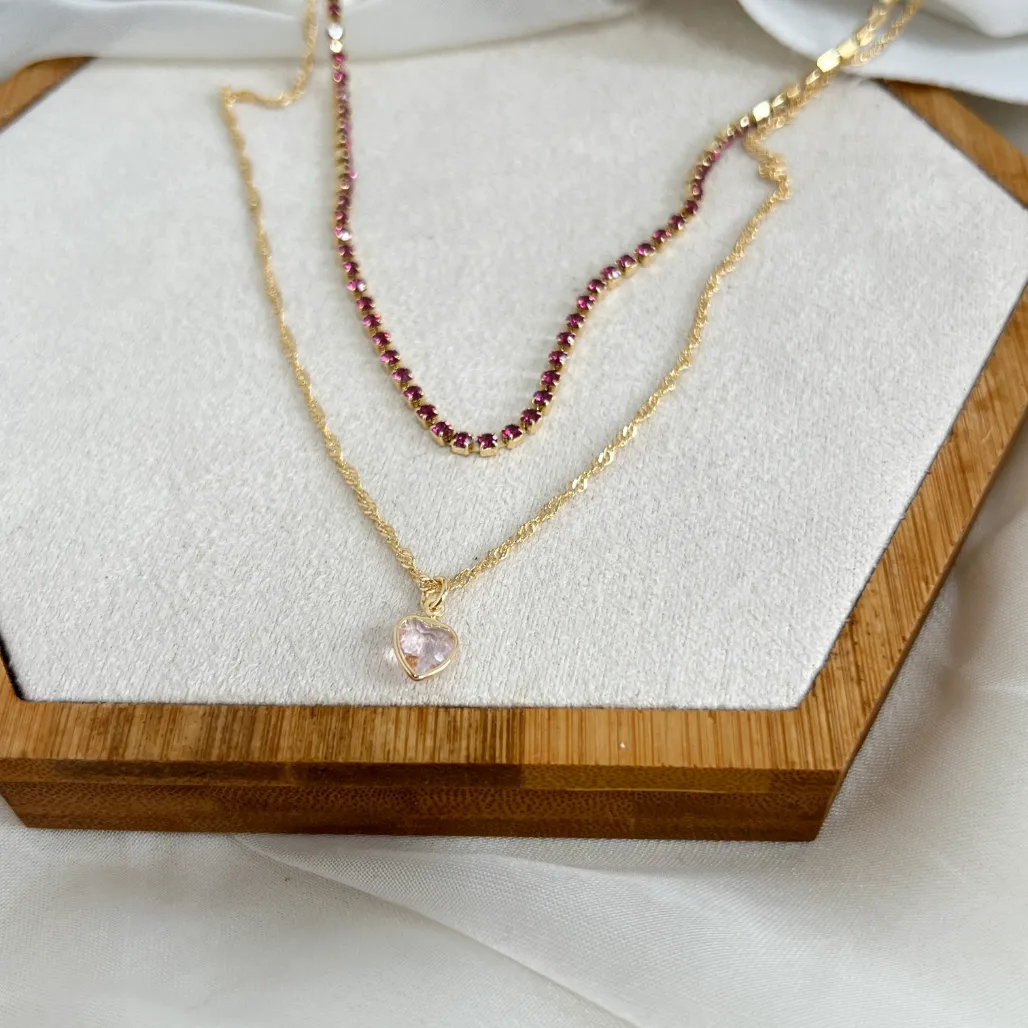 COLAR DUPLO CHOKER STRASS ROSA E SINGAPURA COM PINGENTE DE CORAÇÃO