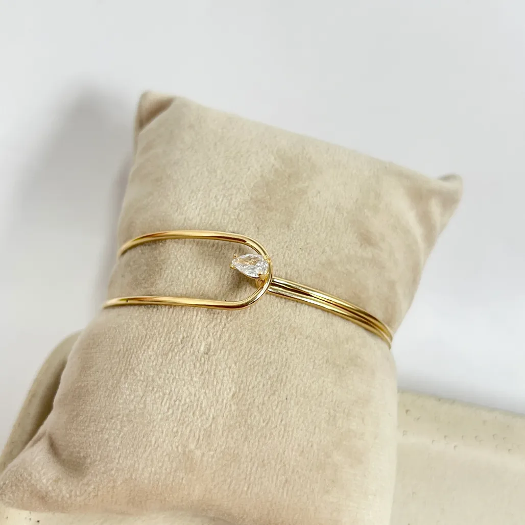 BRACELETE ABERTO FIO DUPLO COM GOTA DE ZIRCONIA