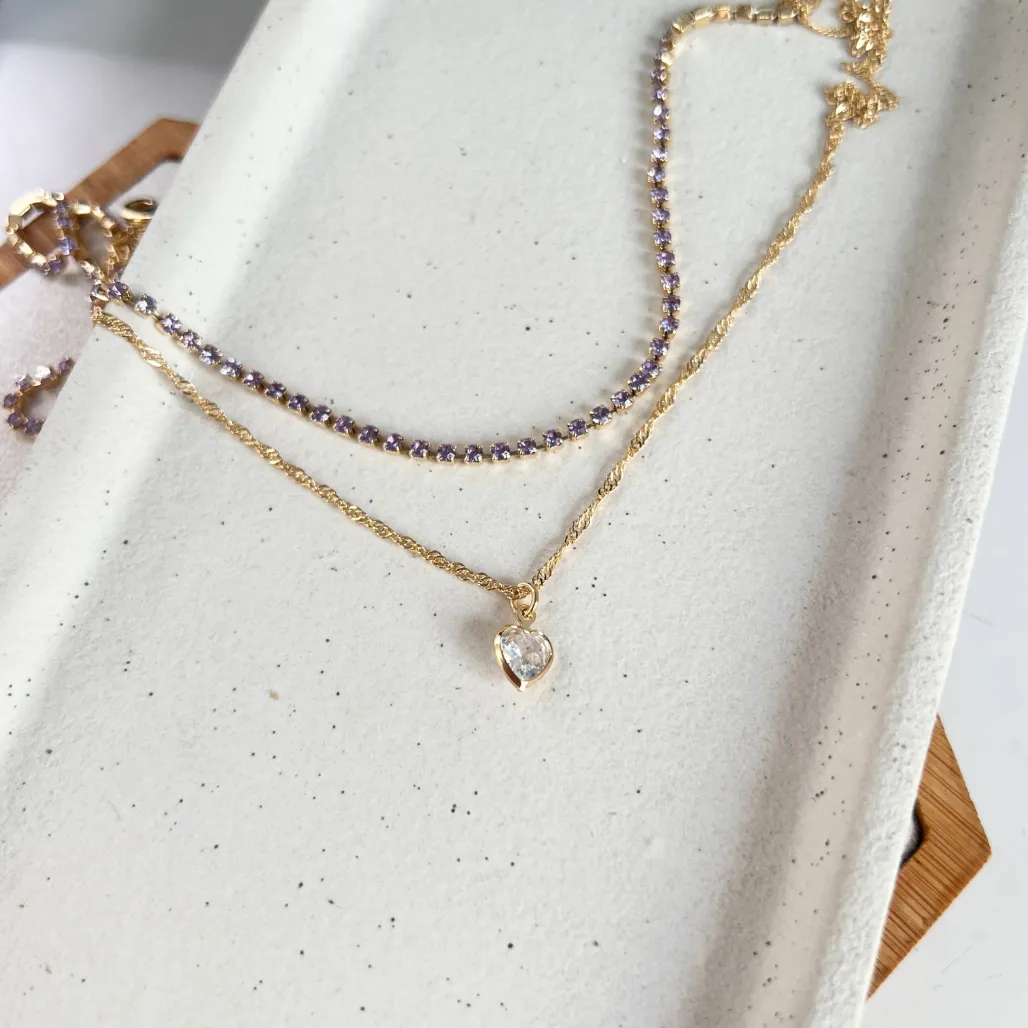 COLAR DUPLO CHOKER STRASS LILÁS E SINGAPURA COM PINGENTE DE CORAÇÃO