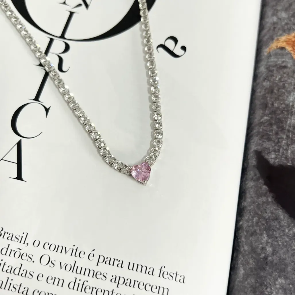COLAR RIVIERA COM CORAÇÃO ROSE 40CM + 6CM EXTENSOR