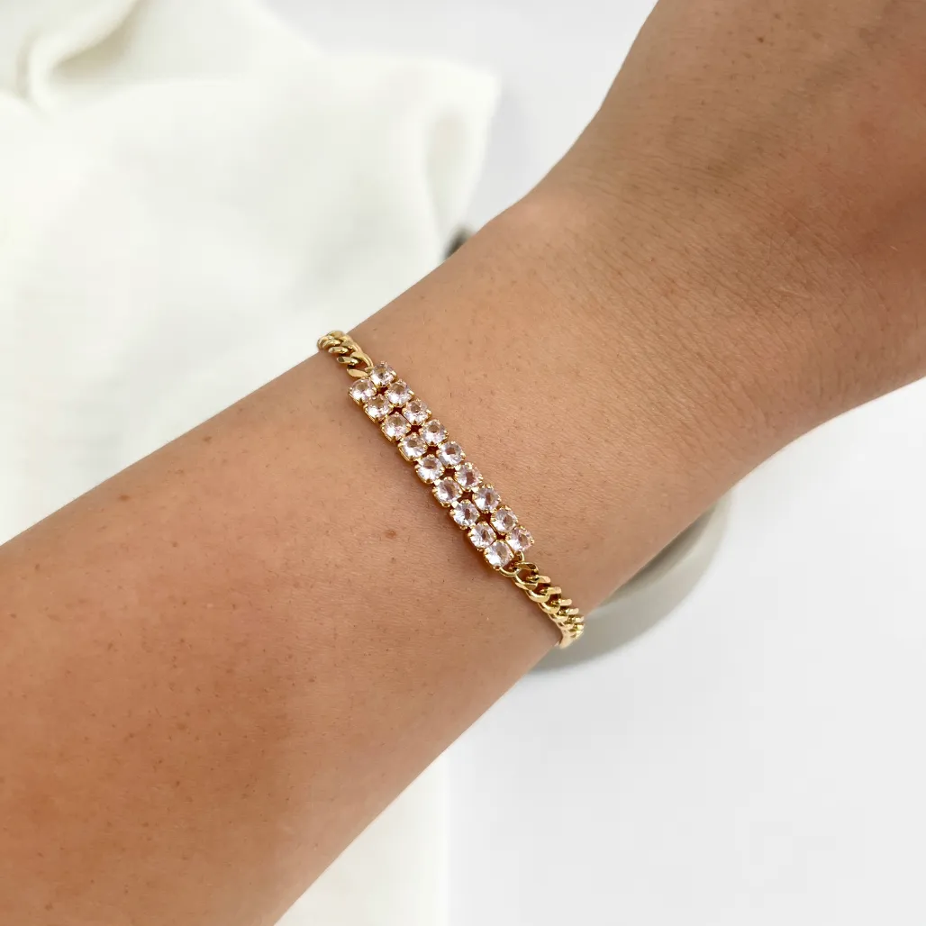 PULSEIRA ELO GRUMET COM DUAS FILEIRAS DE ZIRCONIA ROSA