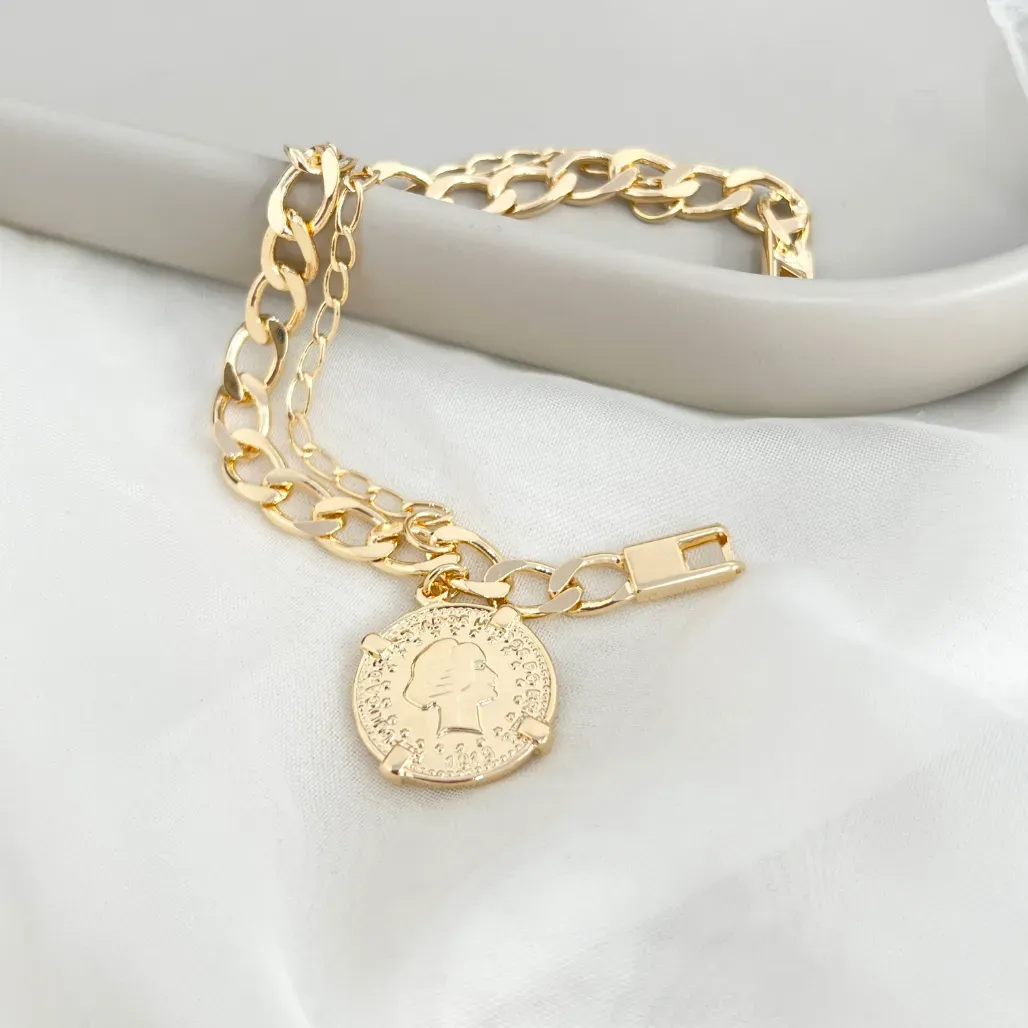 PULSEIRA ELO GRUMET COM PEGA LADRÃO E MOEDA DE EURO