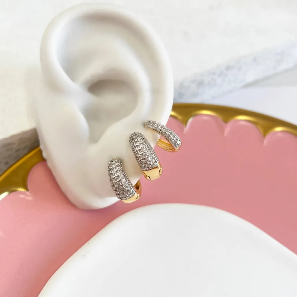 TRIO BRINCO DE ARGOLA ARTICULADA MICROZIRCONIAS EM GOTA