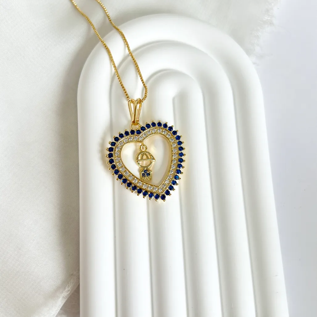 COLAR CORAÇÃO ZIRCONIA AZUL/SAFIRA COM 1 MENINO