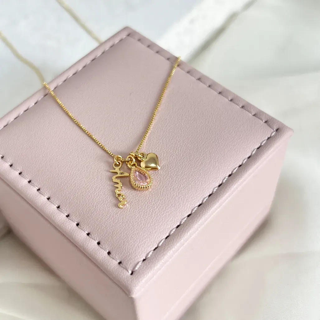 COLAR GOTA ROSINHA COM PALAVRA AMOR