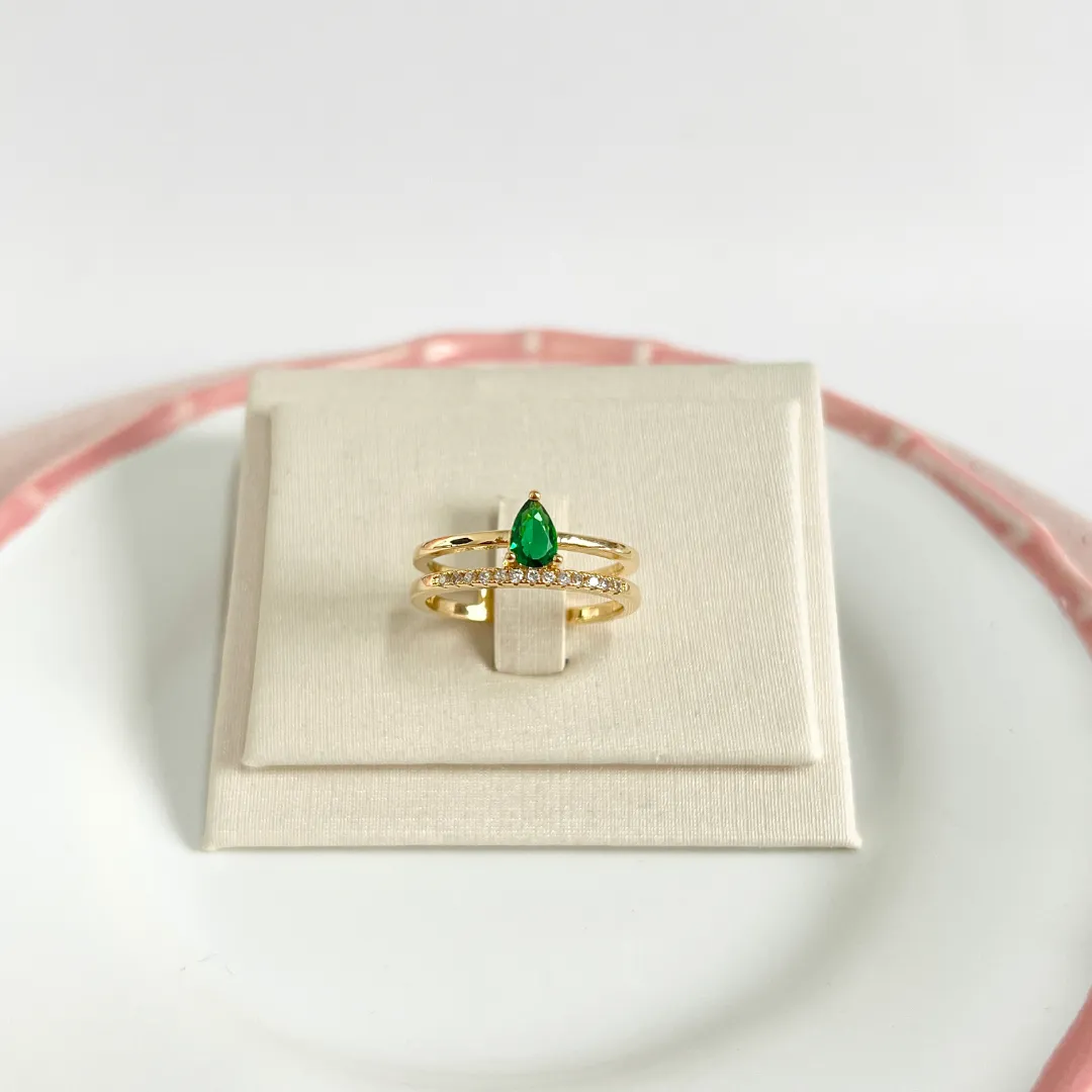 ANEL 2 AROS COM PEDRA GOTA E ZIRCONIA VERDE