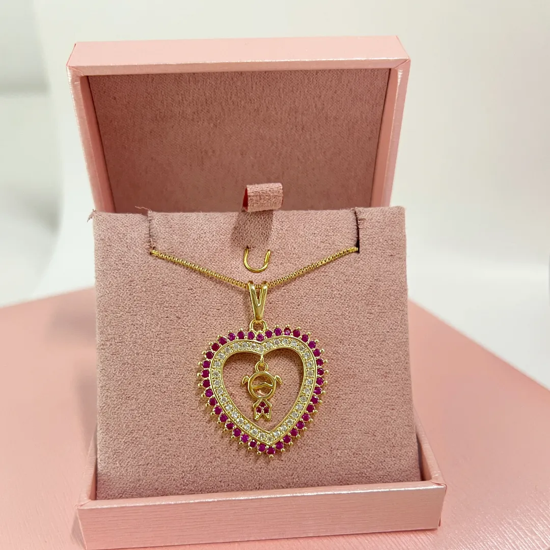 COLAR CORAÇÃO ZIRCONIA PINK COM 1 MENINA