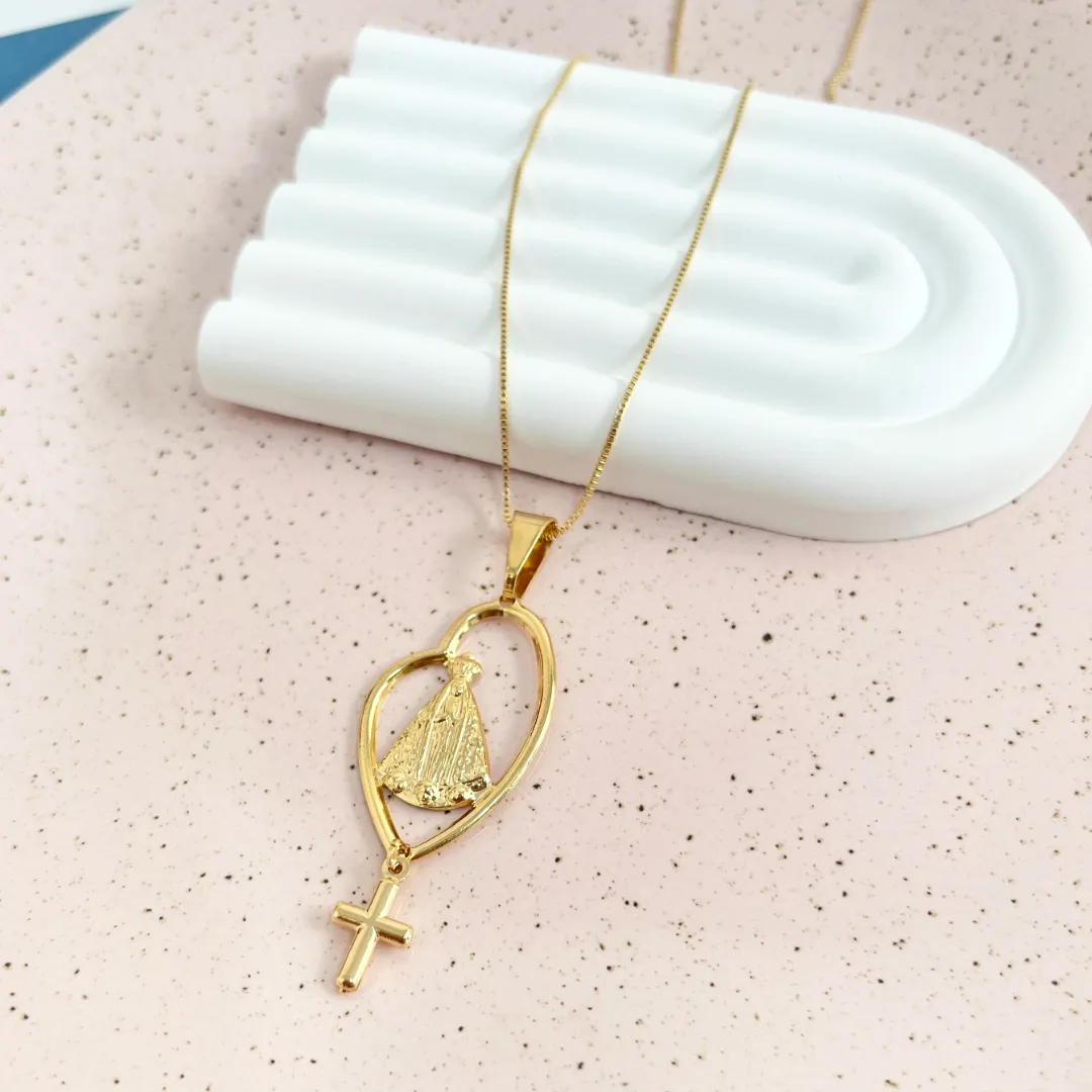 COLAR PINGENTE NOSSA SENHORA CORAÇÃO E CRUZ