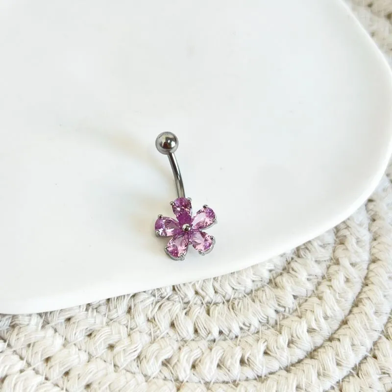 PIERCING UMBIGO FLOR ZIRCONIA ROSA