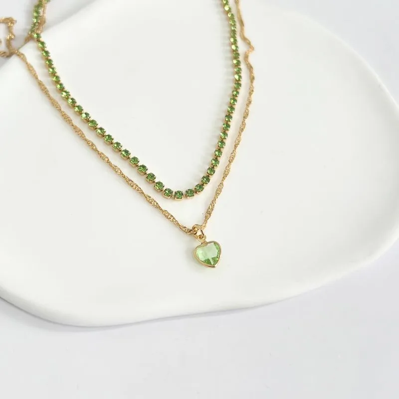 COLAR DUPLO CHOKER STRASS VERDE E SINGAPURA COM PINGENTE DE CORAÇÃO