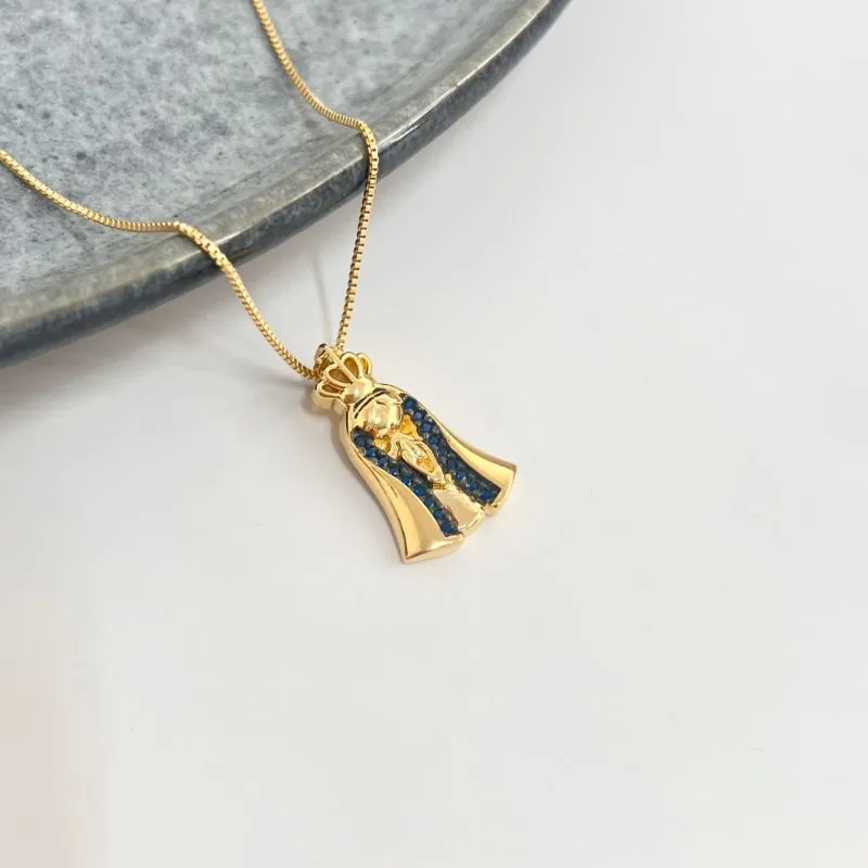 COLAR NOSSA SENHORA COM COROA E ZIRCONIAS SAFIRA COLAR NOSSA SENHORA COM COROA E ZIRCONIAS SAFIRA