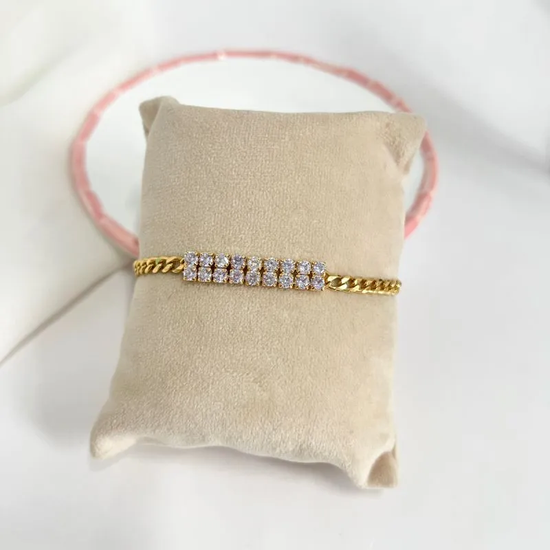 PULSEIRA ELO GRUMET COM DUAS FILEIRAS DE ZIRCONIA LILÁS