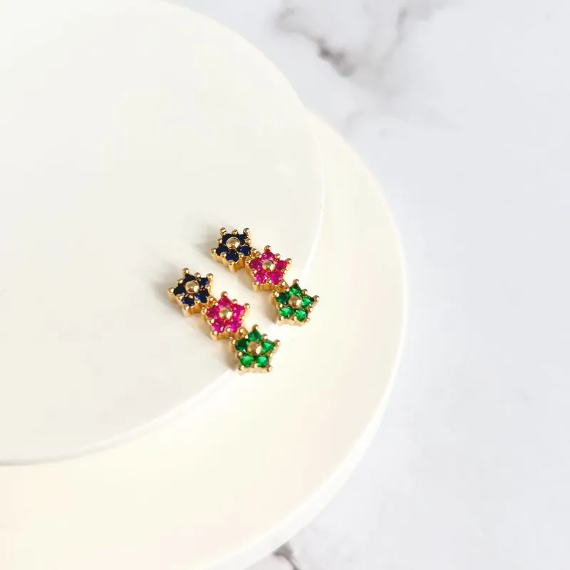 BRINCO 3 FLORES ZIRCONIA AZUL/PINK/VERDE