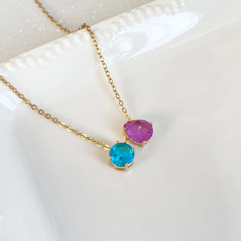 COLAR 2 PEDRAS GOTA E REDONDA LILÁS E AZUL COLAR 2 PEDRAS GOTA E REDONDA LILÁS E AZUL