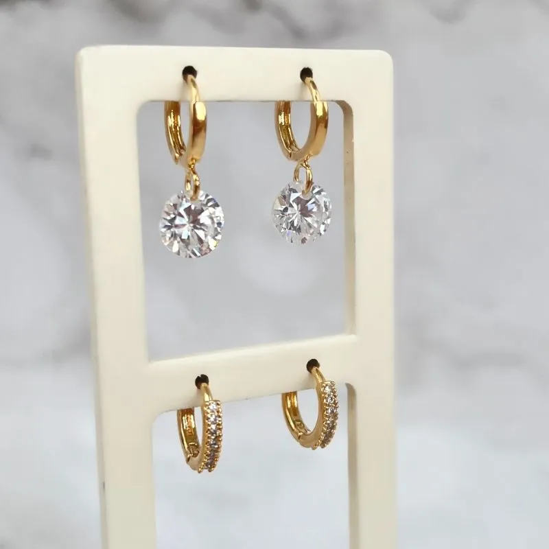 DUPLA BRINCO ARGOLA ARTICULADA CRAVEJADA E PONTO DE LUZ