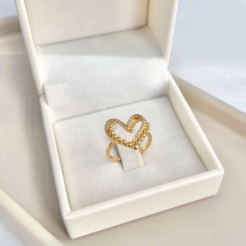 ANEL CORAÇÃO BOLINHAS E MICRO ZIRCONIAS