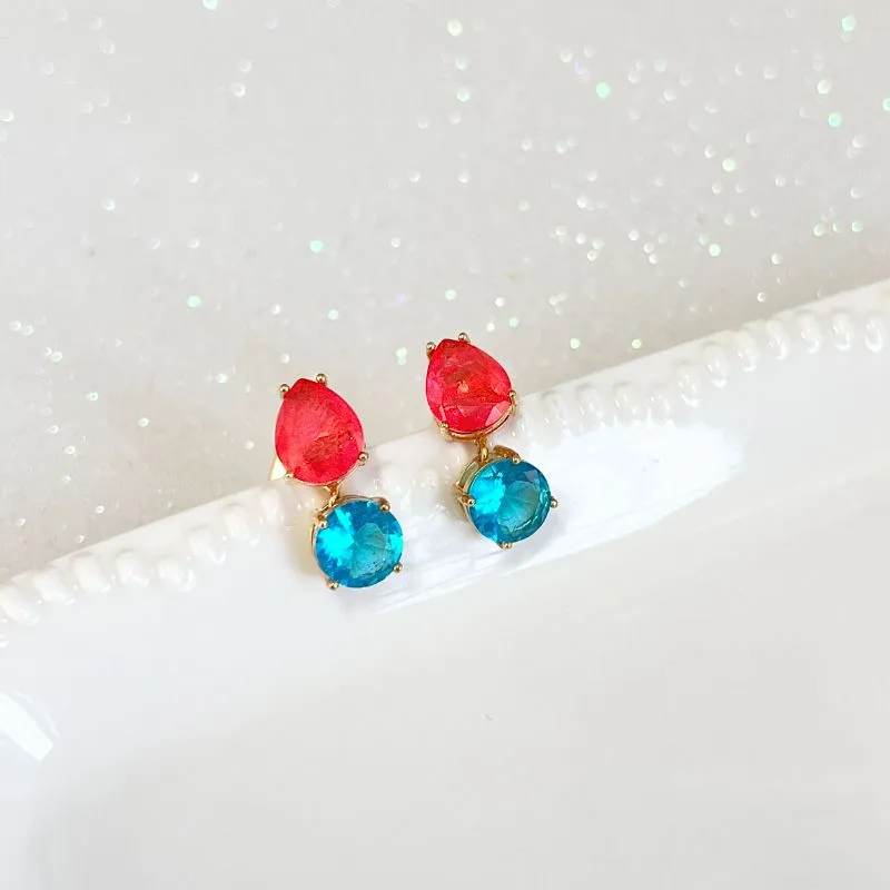 BRINCO PEDRA GOTA E REDONDA LARANJA E AZUL