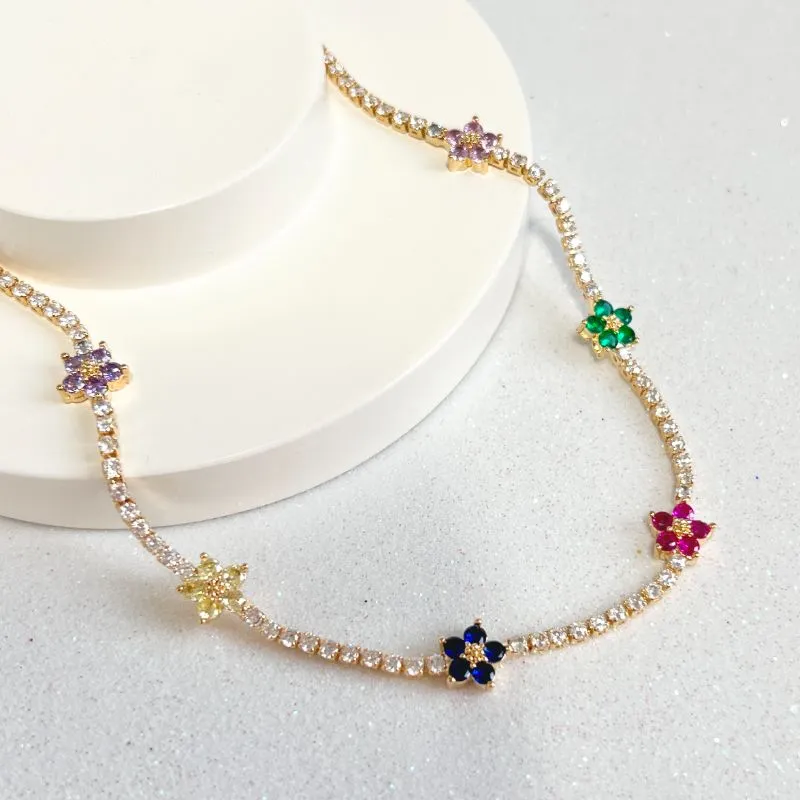 COLAR CHOKER RIVIERA COM FLORES COLORIDAS 45CM + 5CM EXTENSOR