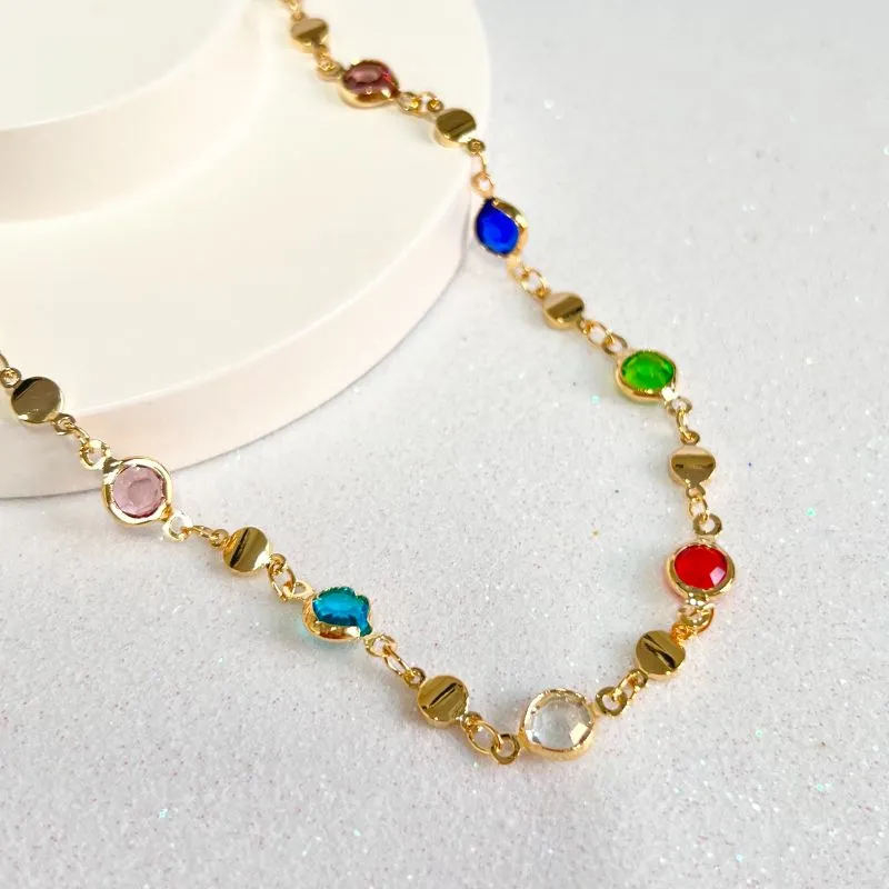 COLAR TIFFANY COLORIDO E BOLINHAS ACHATADAS DOURADAS 60CM