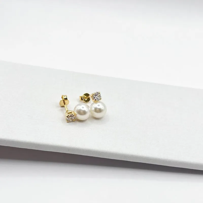 BRINCO PÉROLA 8MM COM PONTO DE LUZ QUADRADO 4MM