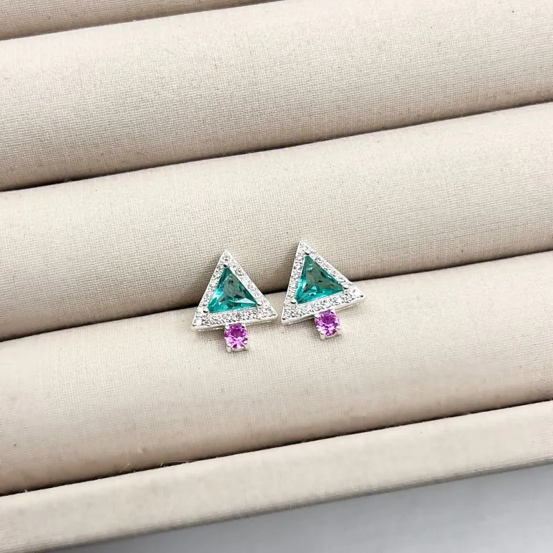 BRINCO PRATA925 TRIÂNGULO PEDRA TURMALINA E DETALHE PINK