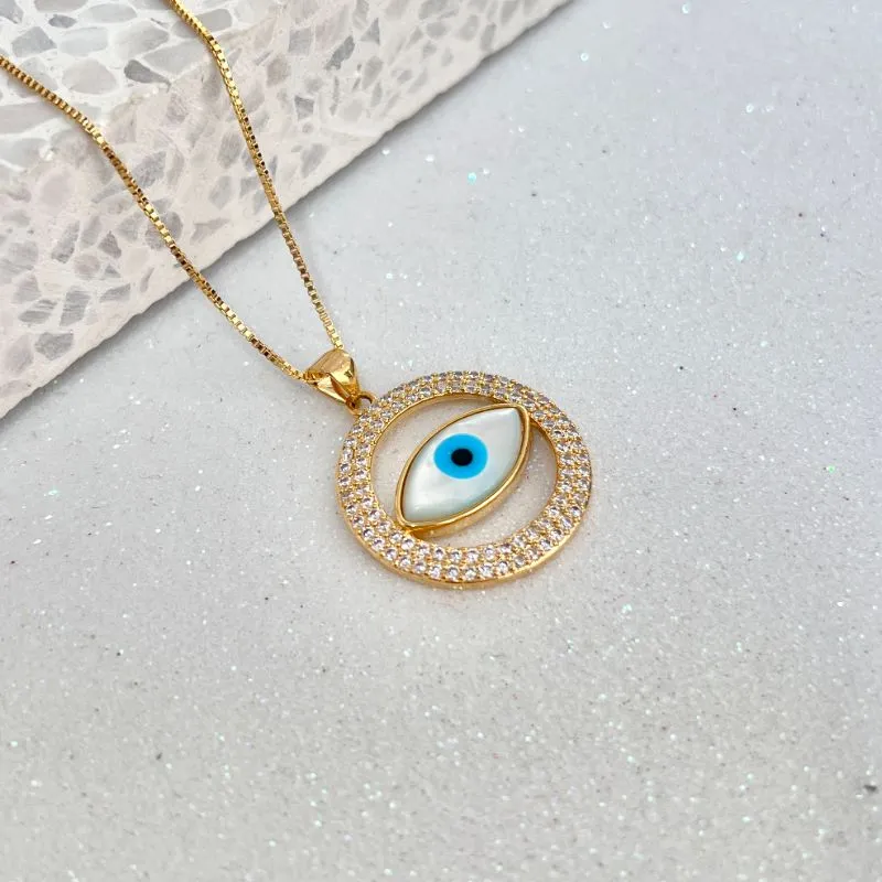 COLAR MEDALHA OLHO GREGO MADRE PÉROLA