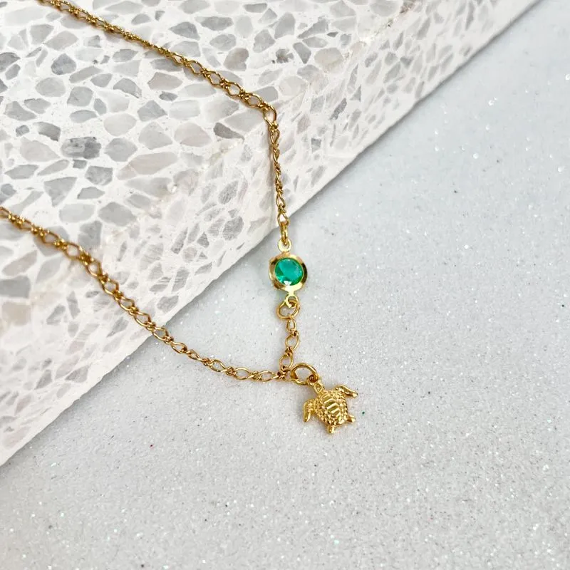 TORNOZELEIRA PEDRATURMALINA E PINGENTE DE TARTARUGA