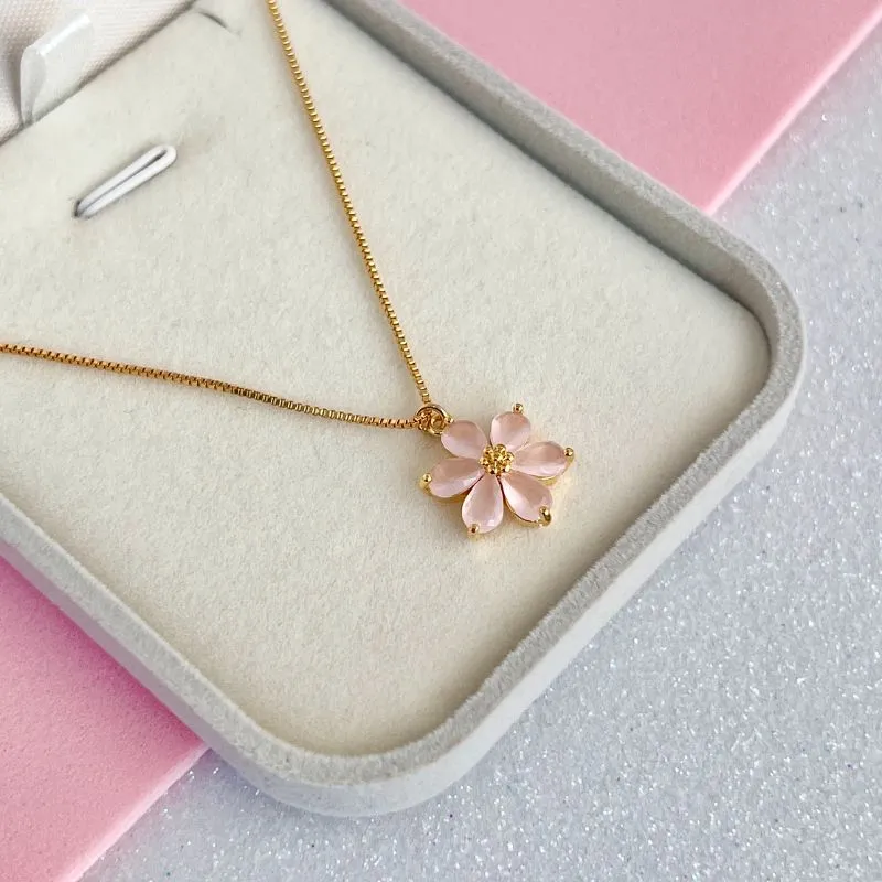 COLAR FLOR ROSA QUARTZO 45CM