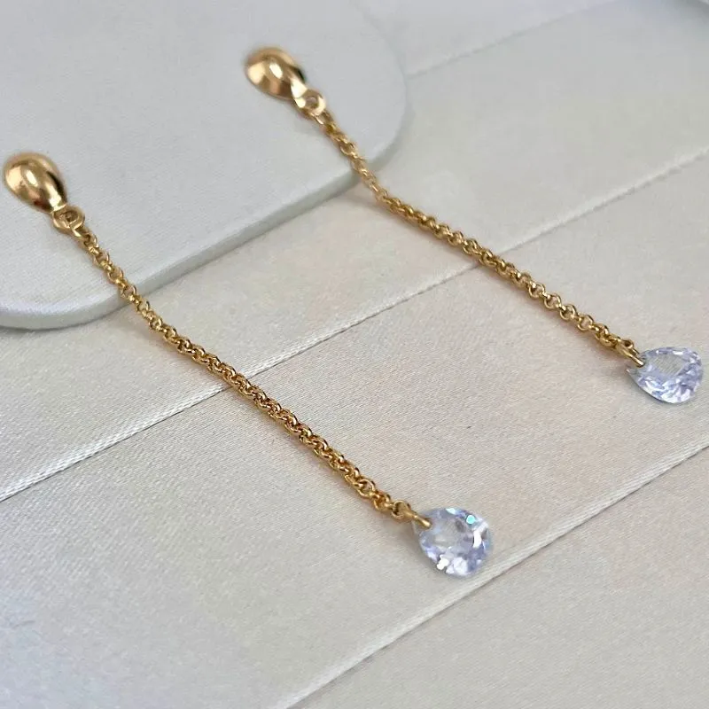 BRINCO LONGO CORRENTE ELO PORTUGUÊS E ZIRCONIA GOTA NA PONTA