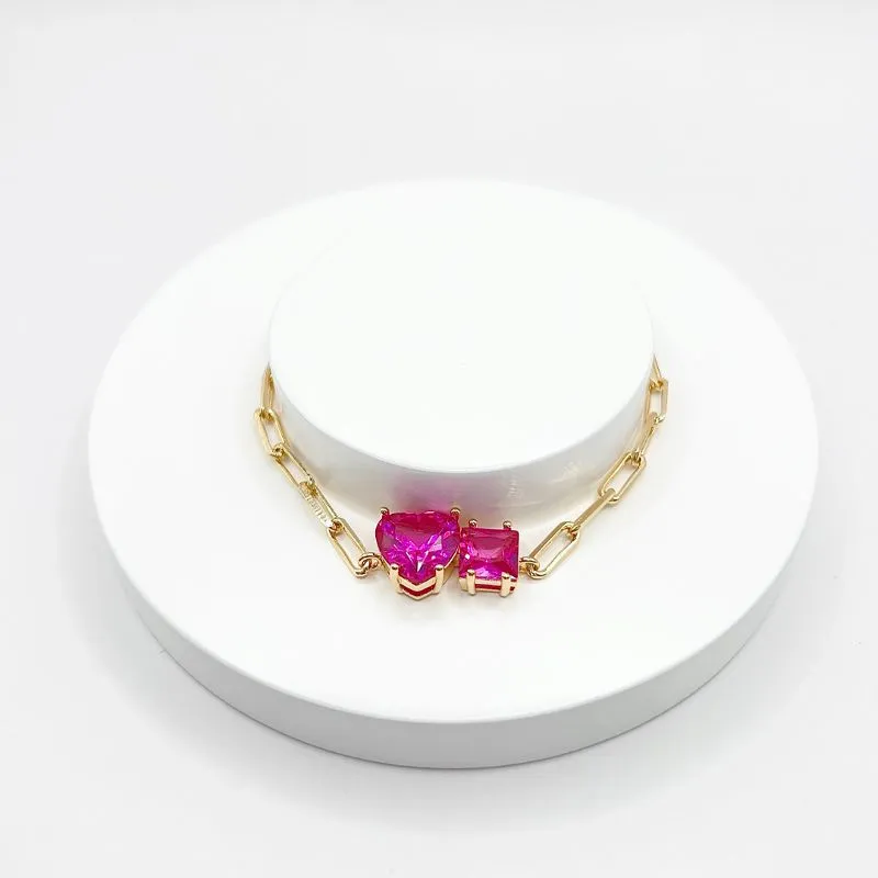 PULSEIRA ELO CARTIER COM CORAÇÃO E QUADRADO EM PEDRA PINK