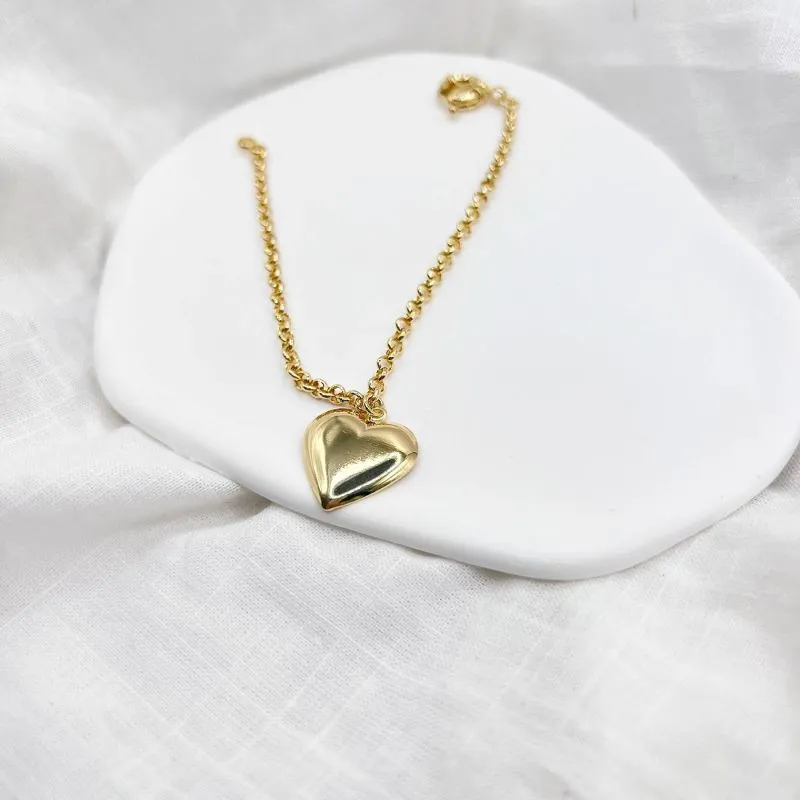 PULSEIRA ELO PORTUGUÊS COM FECHO BOIA E PINGENTE DE CORAÇÃO LISO