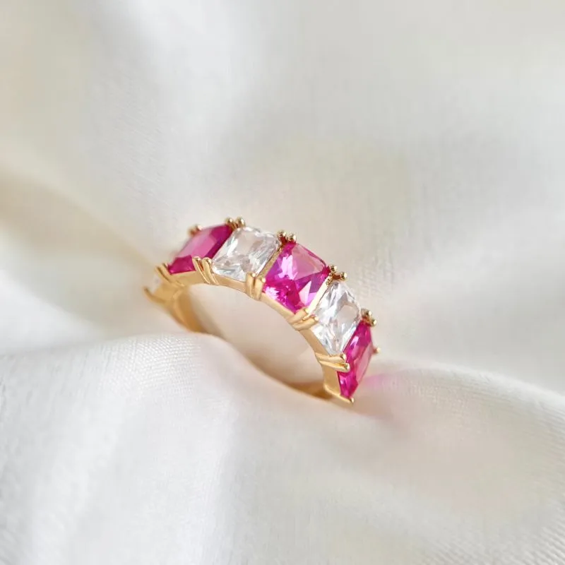 ANEL 6 PEDRAS RETÂNGULARES CRISTAL E PINK