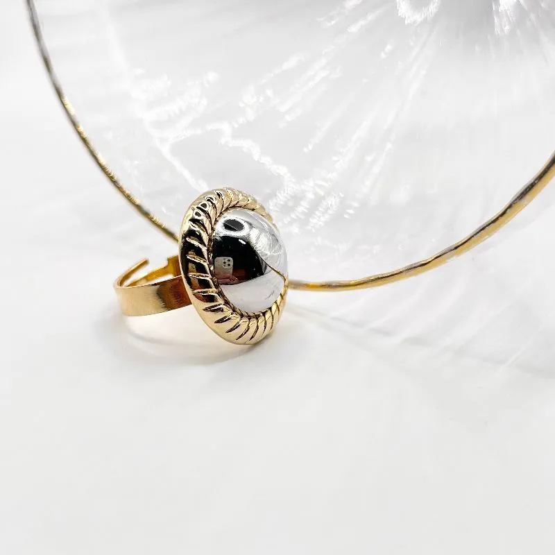 ANEL AJUSTÁVEL BOTÃO - EM DOURADO E RÓDIO BRANCO