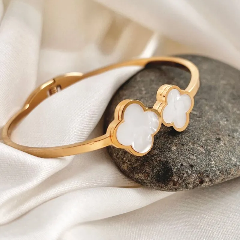 BRACELETE AÇO INOX TREVOS MADRE PÉROLA