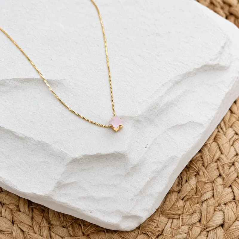 COLAR PONTO DE LUZ QUADRADO ROSA QUARTZO 5MM