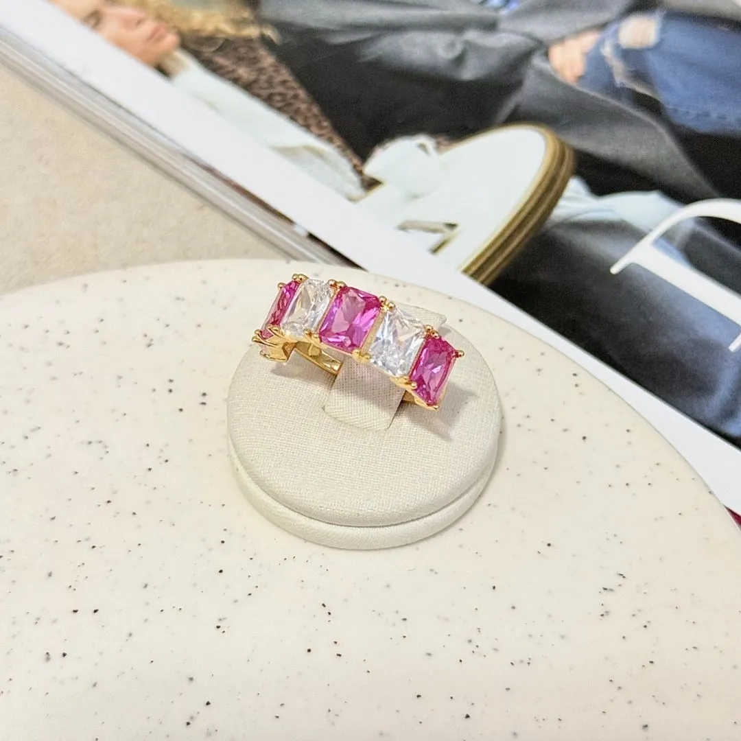 ANEL 6 PEDRAS RETANGULARES CRISTAL E PINK