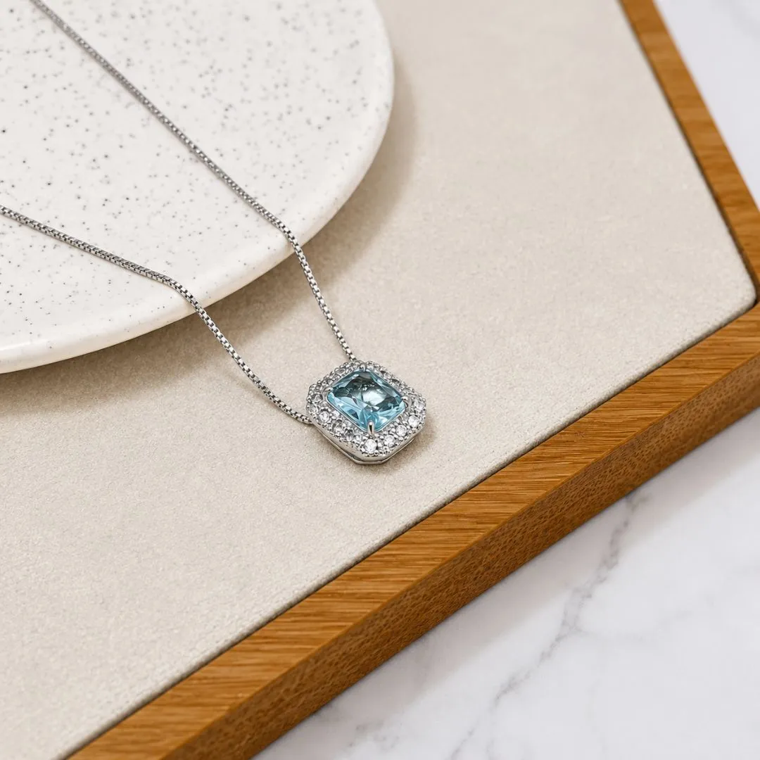 COLAR PINGENTE QUADRADO ESTILO PRINCESA PEDRA AZUL ACQUA
