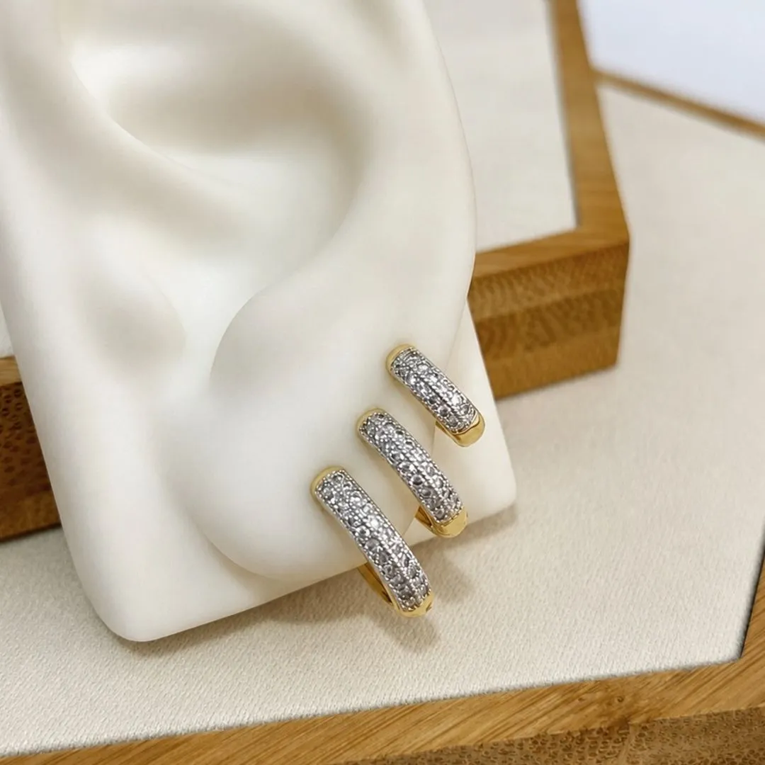 TRIO BRINCO ARGOLA CRAVEJADA 2 FILEIRA DE ZIRCONIAS