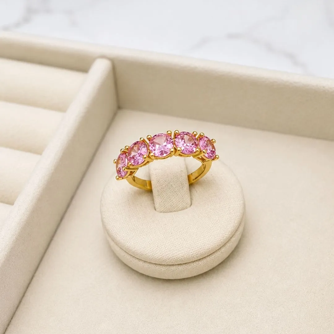 ANEL MEIO APARADOR COM 5 ZIRCONIAS ROSA CLARO