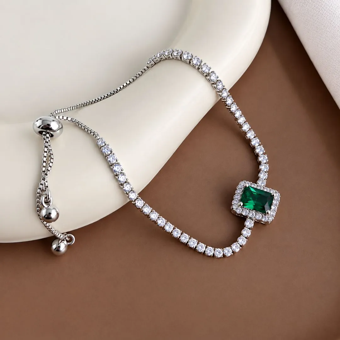 PULSEIRA AJUSTÁVEL RIVIERA PINGENTE RETANGULAR VERDE ESMERALDA